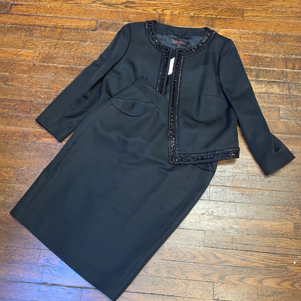 NWT, black Escada skirt suit. Black beading details